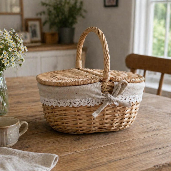 Cesta de picnic de mimbre hecha a mano | Cesta de estilo r�stico con tapa y asa | tejido Main Image