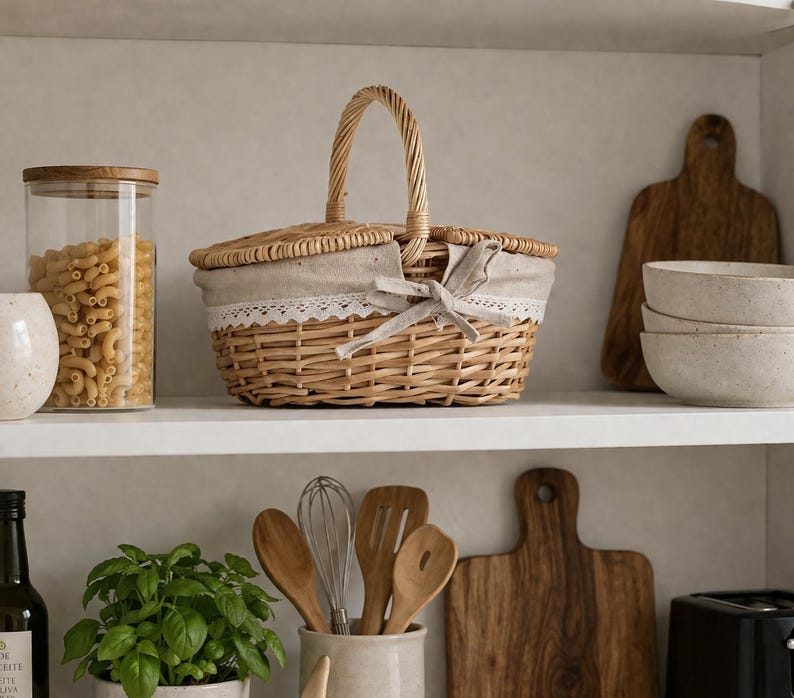 Handmade Wicker Picnic Basket | Rustic Style Hamper with Lid & Handle | Woven