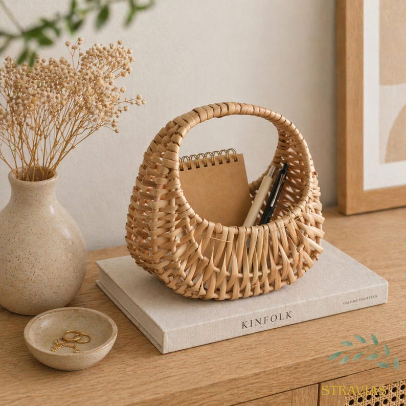 Handwoven Willow Basket with Handle - Small Wicker Storage Basket