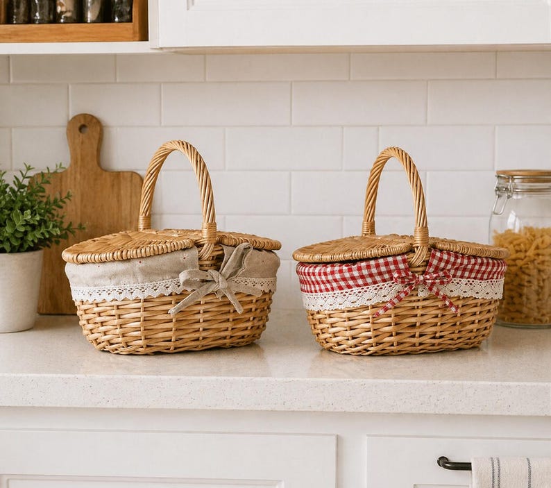 Handmade Wicker Picnic Basket | Rustic Style Hamper with Lid & Handle | Woven