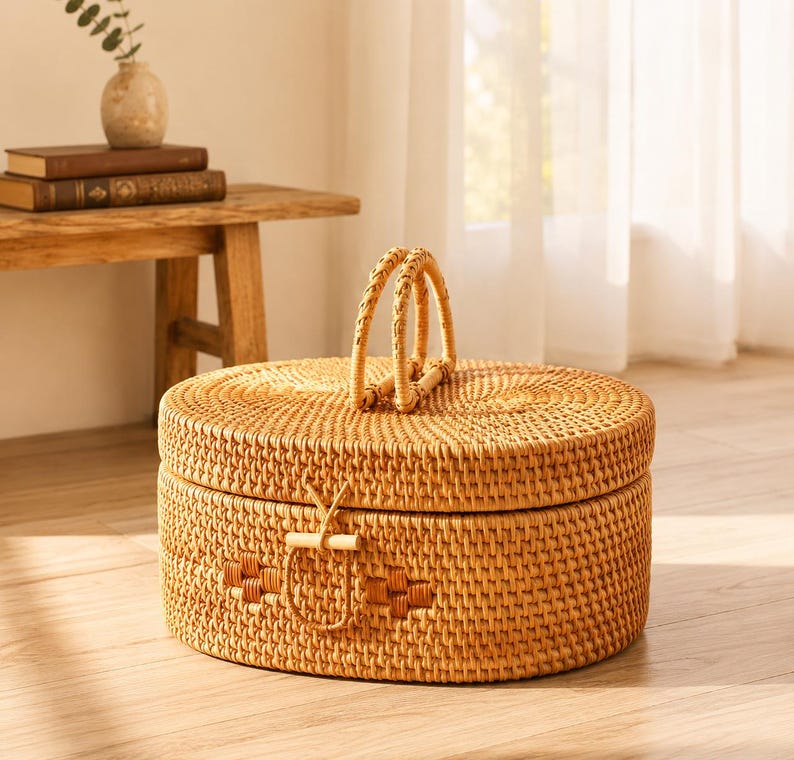 Handwoven Rattan Storage Basket with Lid