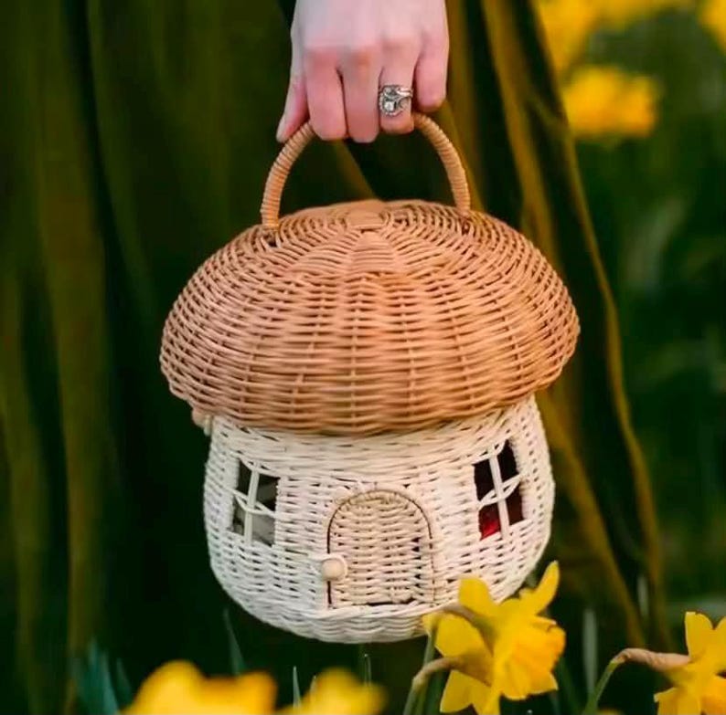 Mushroom Basket Bag - Rattan Woven Storage Basket