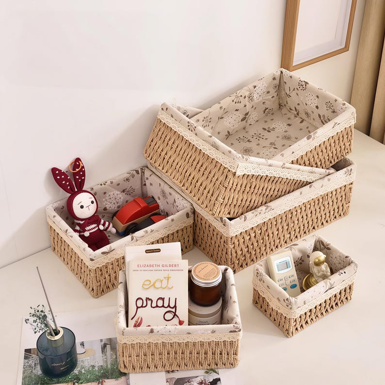 Handwoven Fabric Lined Storage Basket Set Home Shelf Organizer Bin Decor