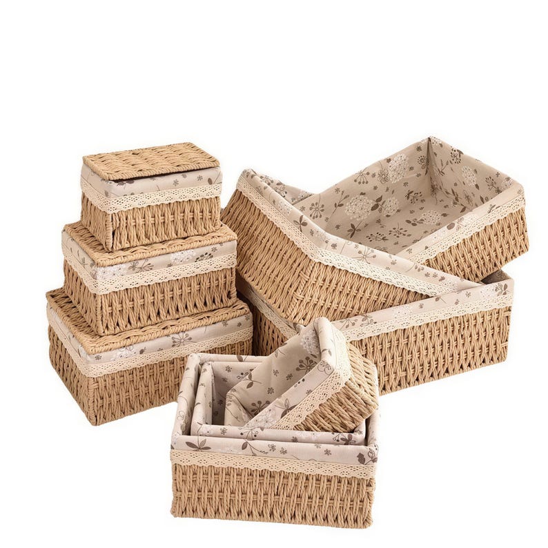 Handwoven Fabric Lined Storage Basket Set Home Shelf Organizer Bin Decor