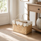 Scalloped Water Hyacinth Woven Storage Basket with Handles