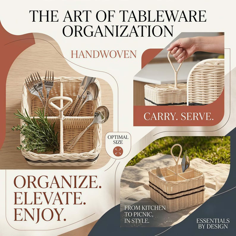 Caddy de utensilios de mimbre - Soporte para cubiertos dividido con asa