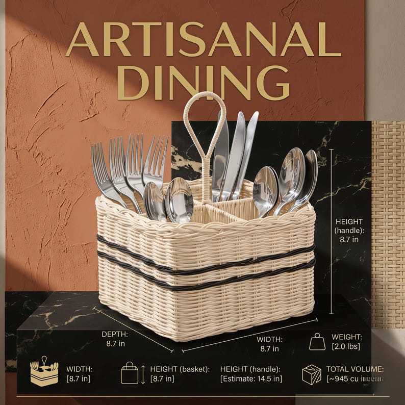 Caddy de utensilios de mimbre - Soporte para cubiertos dividido con asa