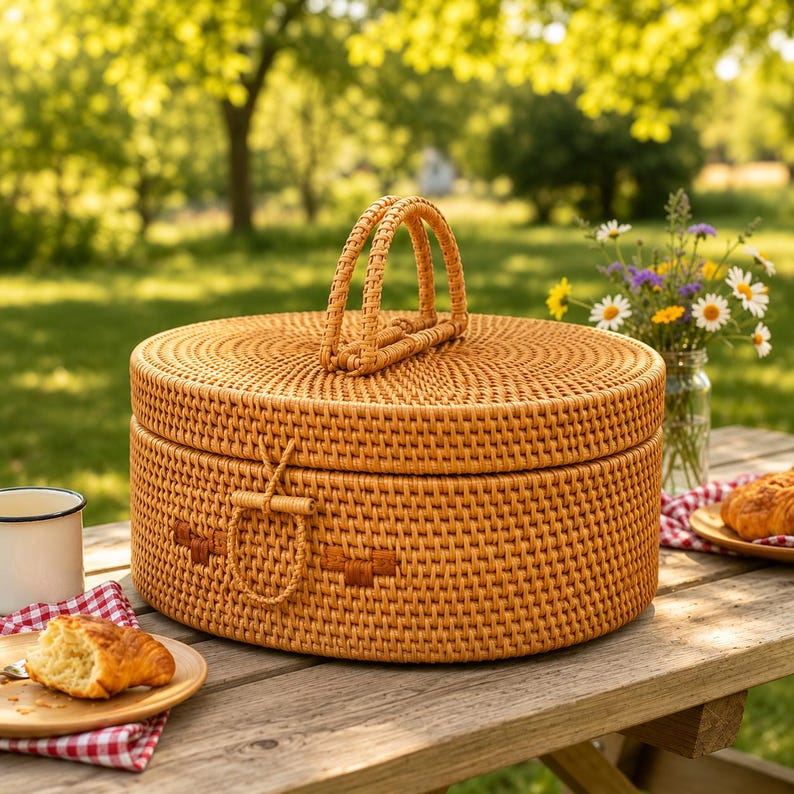 Handwoven Rattan Storage Basket with Lid