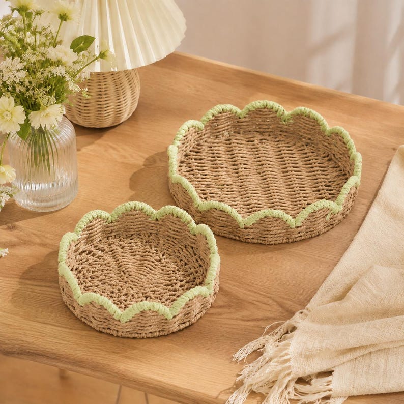 Handwoven Scalloped Rattan Tray