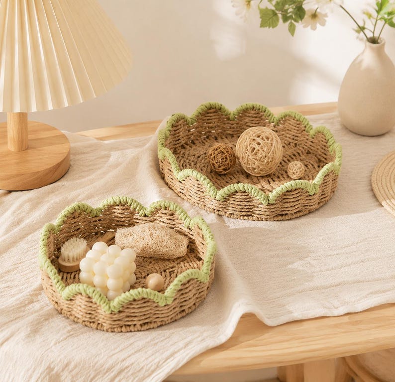 Handwoven Scalloped Rattan Tray