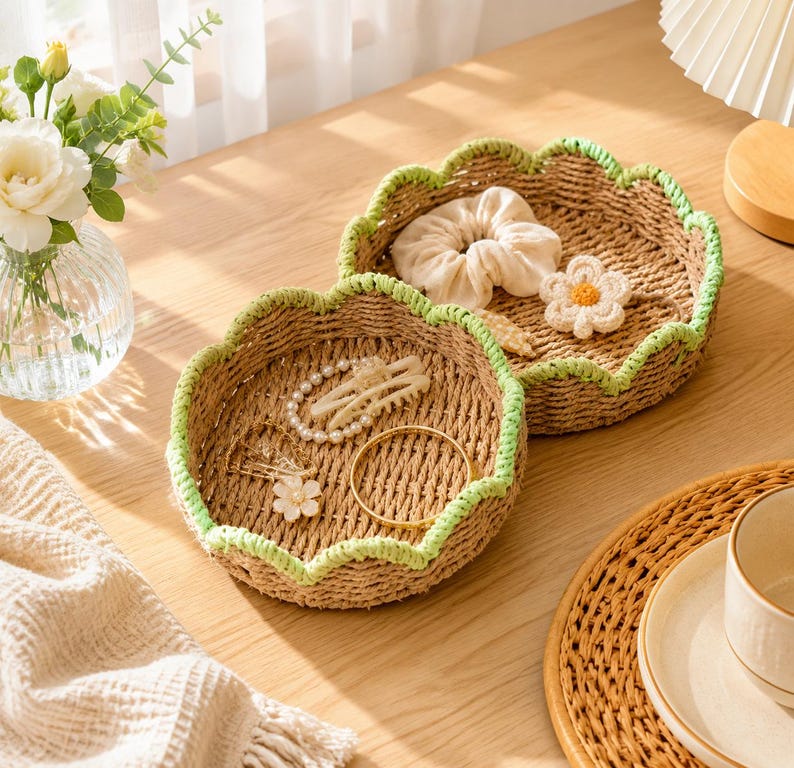 Handwoven Scalloped Rattan Tray