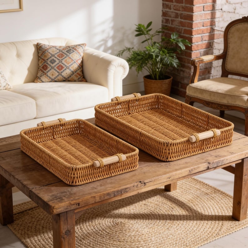 Woven Rattan Tray - Rustic Serving Basket