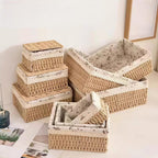 Handwoven Fabric Lined Storage Basket Set Home Shelf Organizer Bin Decor