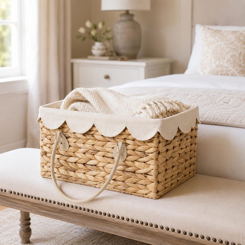 Scalloped Water Hyacinth Woven Storage Basket with Handles
