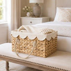 Scalloped Water Hyacinth Woven Storage Basket with Handles