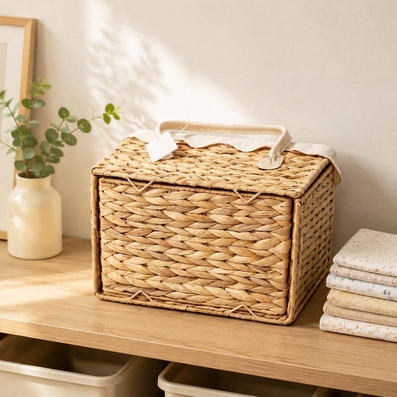 Scalloped Water Hyacinth Woven Storage Basket with Handles