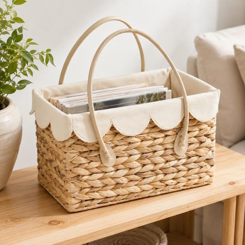 Scalloped Water Hyacinth Woven Storage Basket with Handles