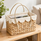 Scalloped Water Hyacinth Woven Storage Basket with Handles