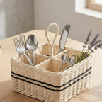 Caddy de utensilios de mimbre - Soporte para cubiertos dividido con asa