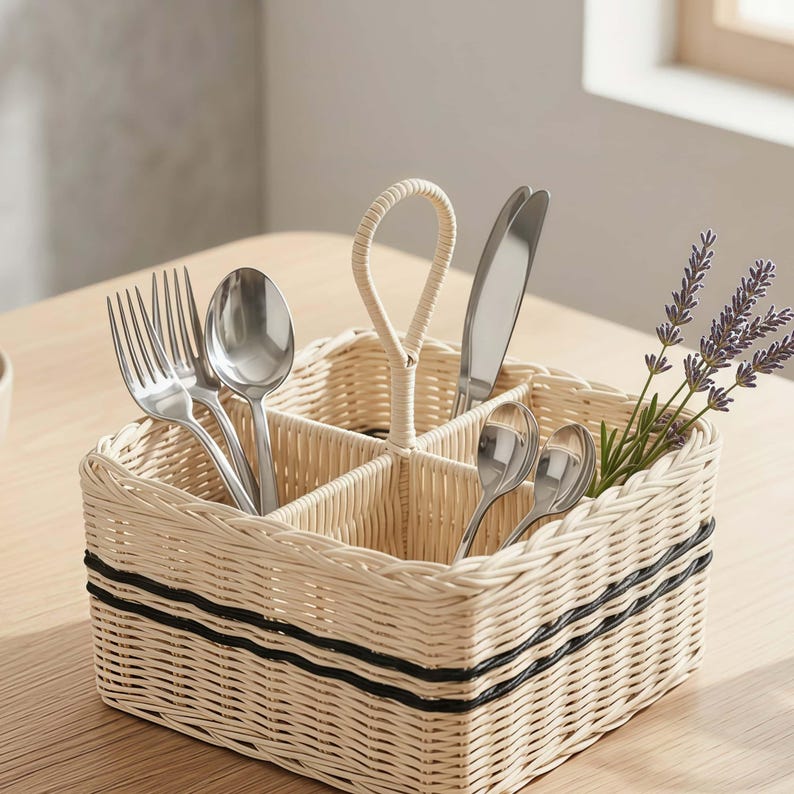 Caddy de utensilios de mimbre - Soporte para cubiertos dividido con asa