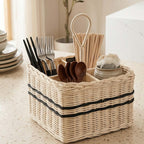 Caddy de utensilios de mimbre - Soporte para cubiertos dividido con asa
