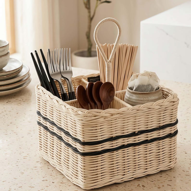Caddy de utensilios de mimbre - Soporte para cubiertos dividido con asa