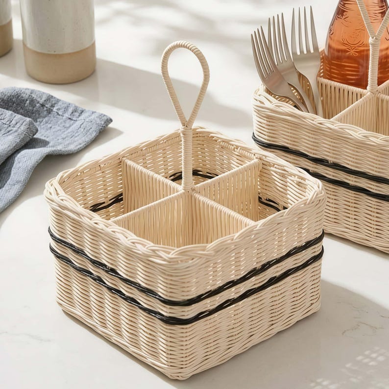 Caddy de utensilios de mimbre - Soporte para cubiertos dividido con asa