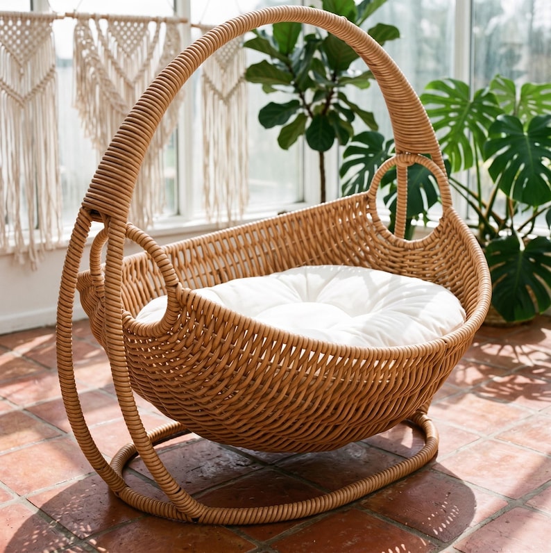 Rattan Hanging Cat Bed - Woven Basket Swing for Cozy Naps