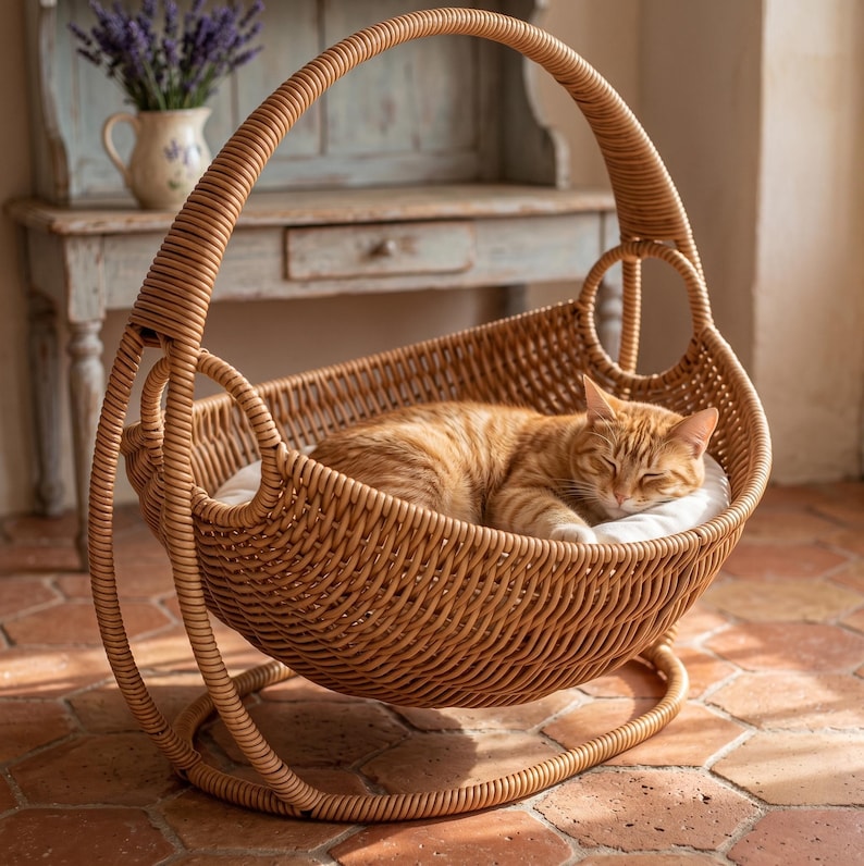Rattan Hanging Cat Bed - Woven Basket Swing for Cozy Naps
