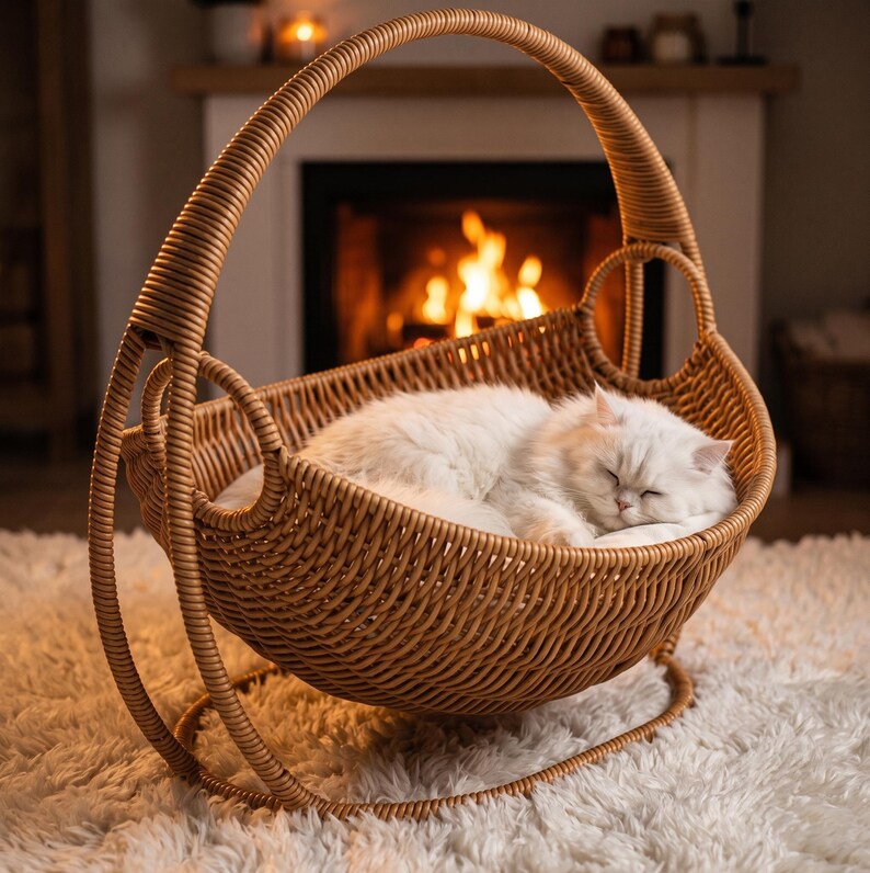 Rattan Hanging Cat Bed - Woven Basket Swing for Cozy Naps