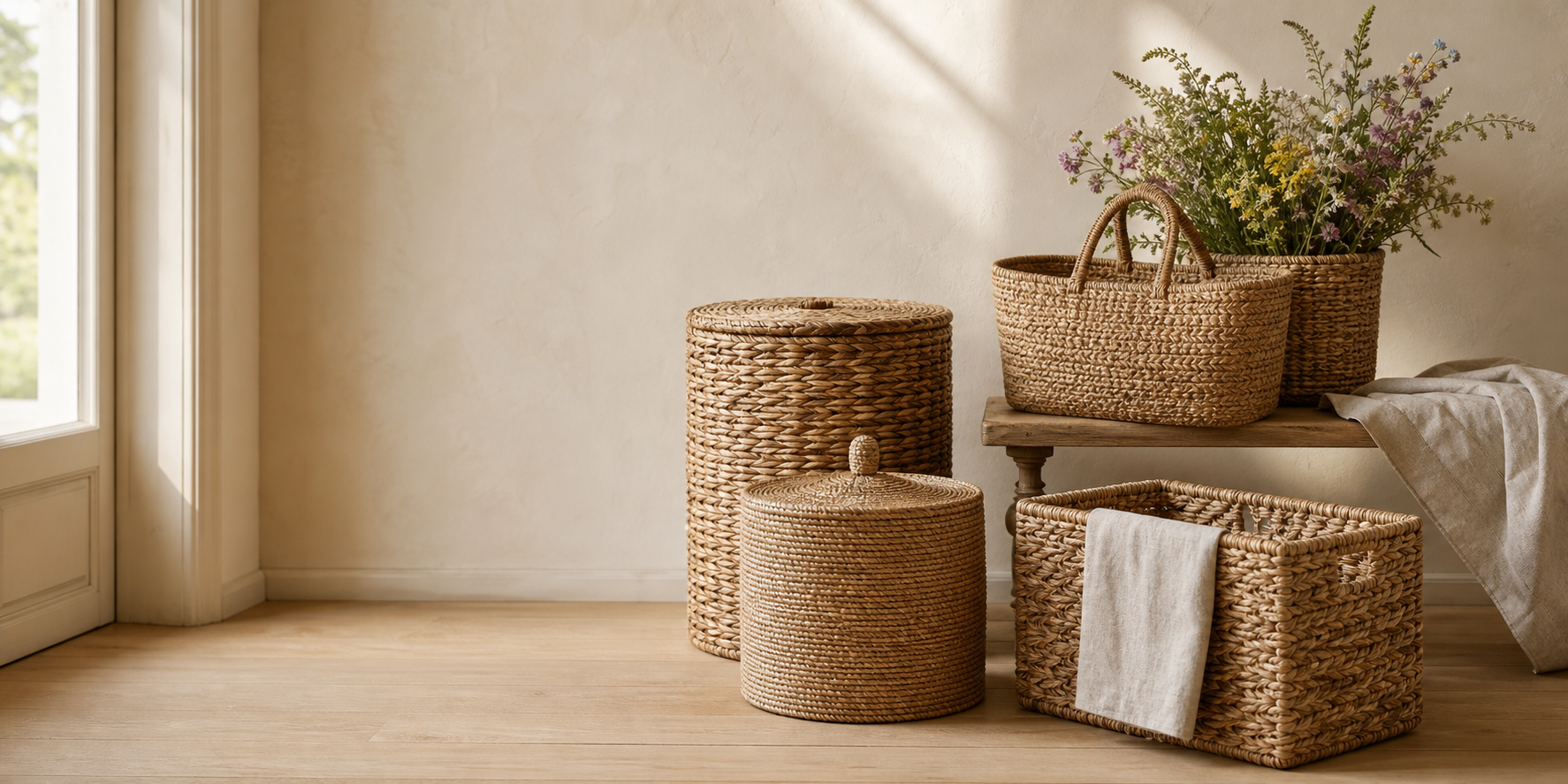 Handwoven storage baskets in a warm country home